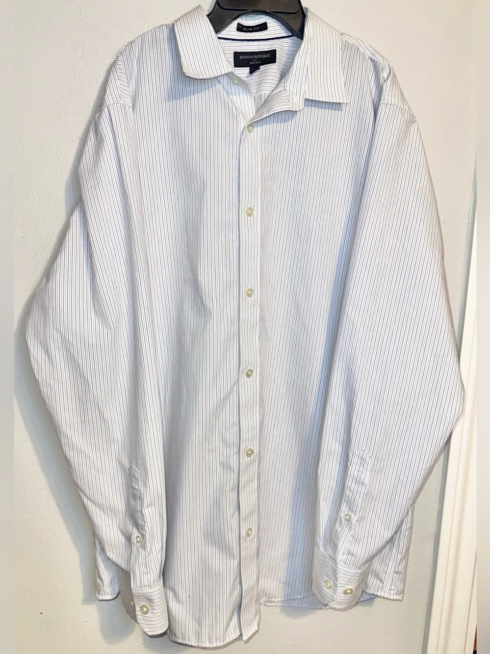 Banana Republic White Shirt with Light Blue Pinstripes